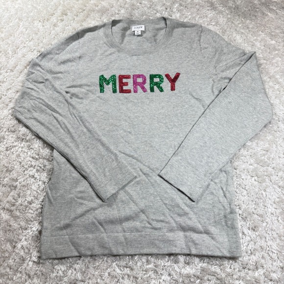 J. Crew Sweater Women's Medium Merry Sequin Letter Gray Cotton Blend Crew Neck - Picture 1 of 9